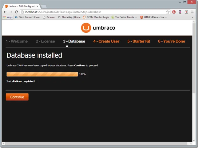 Continue after database installation