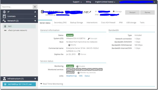 OVH Hosting control panel