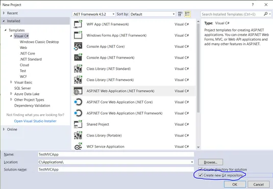 New Project dialog – Visual Studio